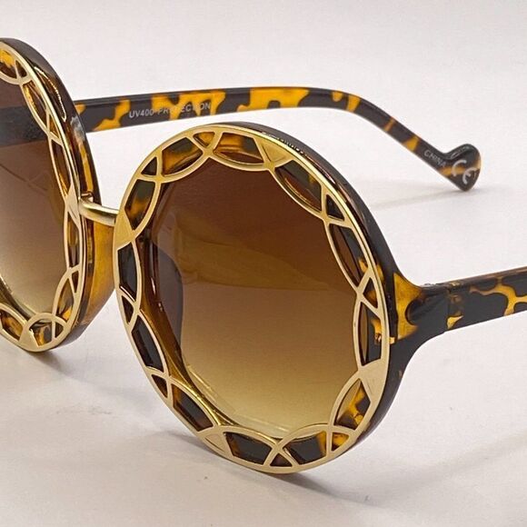 Round Oversized Gold Filigree and Tortoise Sunglasses Brown Lenses New - Picture 8 of 9